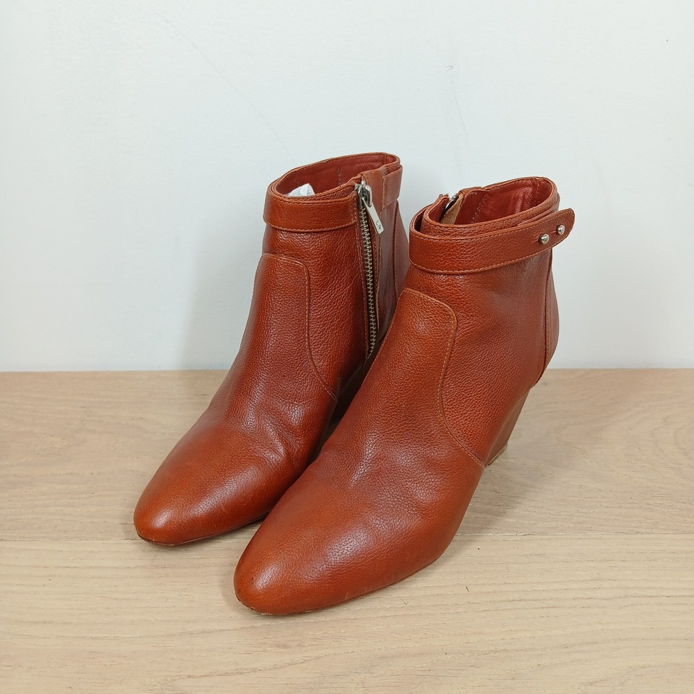 Loeffler Randall Wedge Ankle Boots Women 6.5B Cognac Leather Zip Studded Ankle